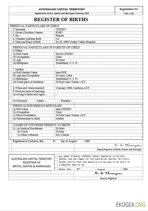 Australie Modèle d'acte de naissance du Territoire de la capitale australienne au format Word, version 2